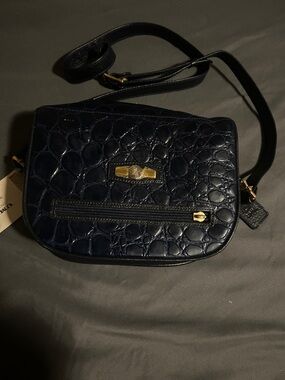 Navy Croc-Embossed Crossbody with Gold Accent